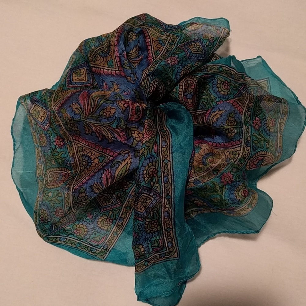 100% silk turquoise floral scarf made in India